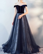 Dark Blue Tulle Velvet Long Classy Prom Dress, Blue Classy Evening Dress