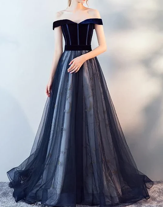 Dark Blue Tulle Velvet Long Classy Prom Dress, Blue Classy Evening Dress