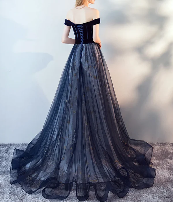 Dark Blue Tulle Velvet Long Classy Prom Dress, Blue Classy Evening Dress