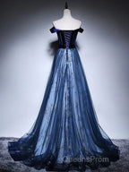Dark Blue Tulle Velvet Long Evening Prom Dress, Blue Evening Dress