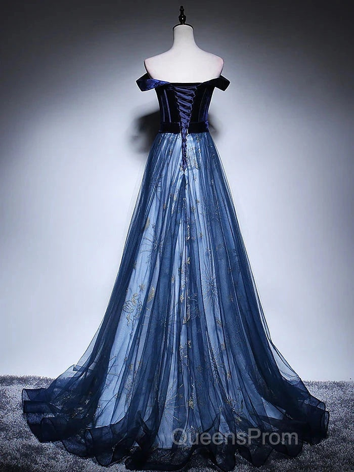 Dark Blue Tulle Velvet Long Evening Prom Dress, Blue Evening Dress
