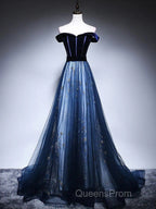 Dark Blue Tulle Velvet Long Evening Prom Dress, Blue Evening Dress