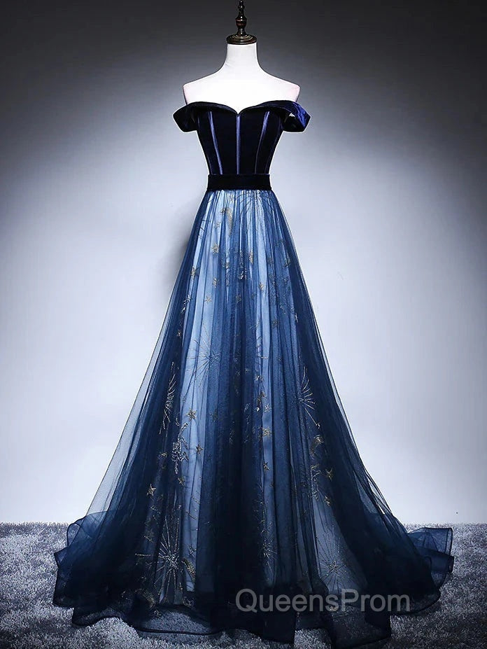 Dark Blue Tulle Velvet Long Evening Prom Dress, Blue Evening Dress