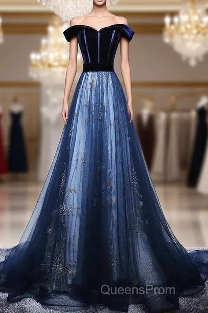 Dark Blue Tulle Velvet Long Evening Prom Dress, Blue Evening Dress Main image