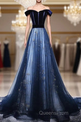 Dark Blue Tulle Velvet Long Evening Prom Dress, Blue Evening Dress