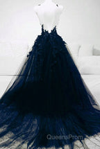 Dark Blue Tulle With Lace Long Evening Dress, A-line Dark Blue Evening Prom Dress