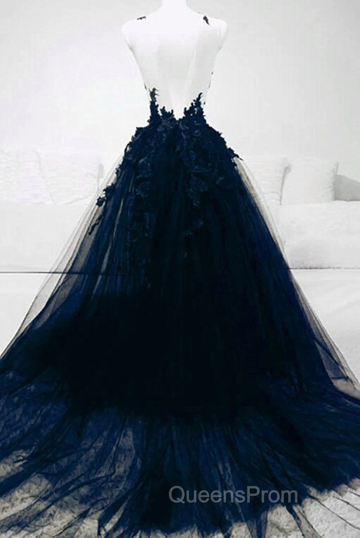 Dark Blue Tulle With Lace Long Evening Dress, A-line Dark Blue Evening Prom Dress