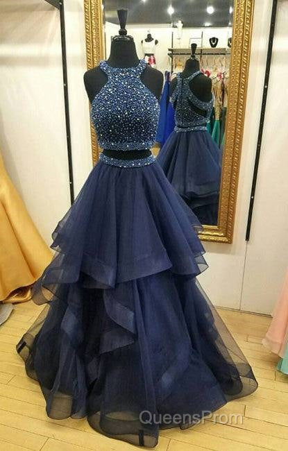 Dark Blue Two Pieces Beads Long Evening Prom Dress, Formal Dress Secondary image