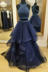 Dark Blue Two Pieces Beads Long Evening Prom Dress, Formal Dress