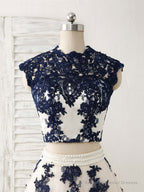 Dark Blue Two Pieces Lace Tulle Long Prom Dress Blue Evening Dress