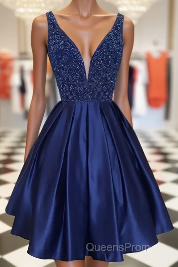 Dark blue v neck beads satin short Evening Prom Dress, blue homecoming Dress Main image