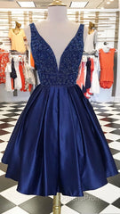 Dark blue v neck beads satin short Evening Prom Dress, blue homecoming Dress