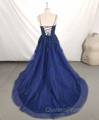 Dark Blue V Neck Tulle Lace Long Evening Prom Dress Blue Lace Bridesmaid Dress