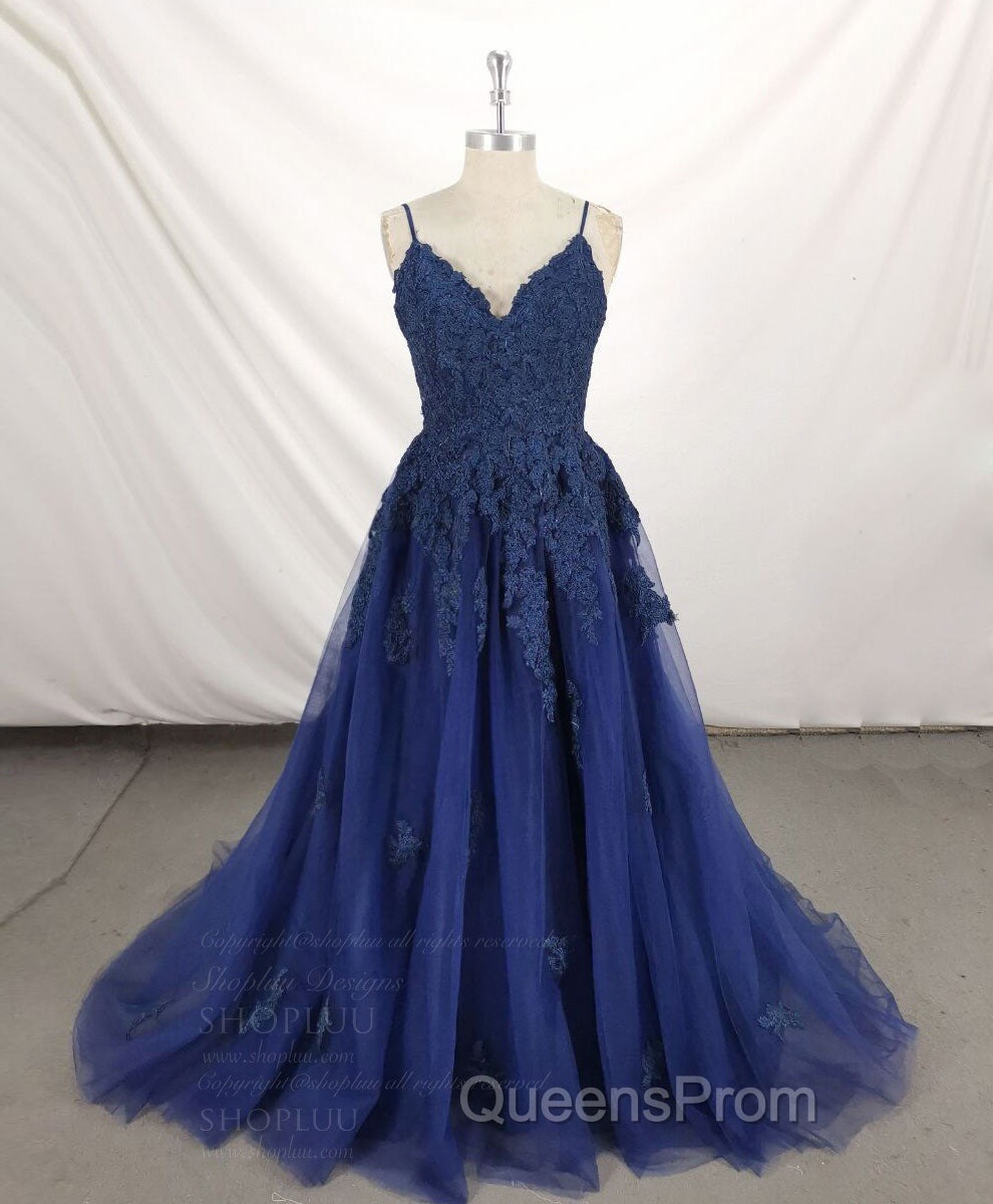 Dark Blue V Neck Tulle Lace Long Evening Prom Dress Blue Lace Bridesmaid Dress Main image