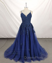 Dark Blue V Neck Tulle Lace Long Evening Prom Dress Blue Lace Bridesmaid Dress