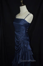 Dark Blue Vintage Floral Elegant Dress Asymmetrical Hem Evening Prom Gown