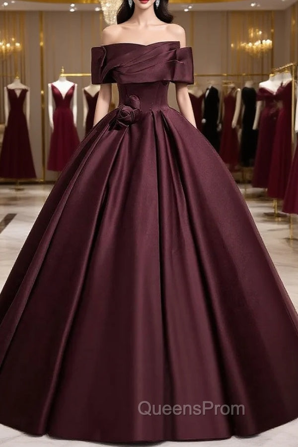 Dark Burgundy Satin Off the Shoulder Flower Evening Prom Dress Main image