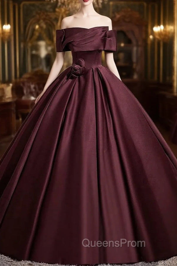 Dark Burgundy Satin Off the Shoulder Pleats Evening Prom Dress