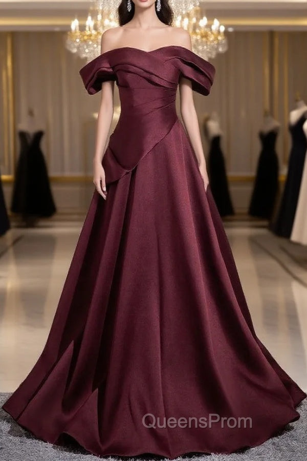 Dark Burgundy Satin Pleats Evening Prom Dress Main image