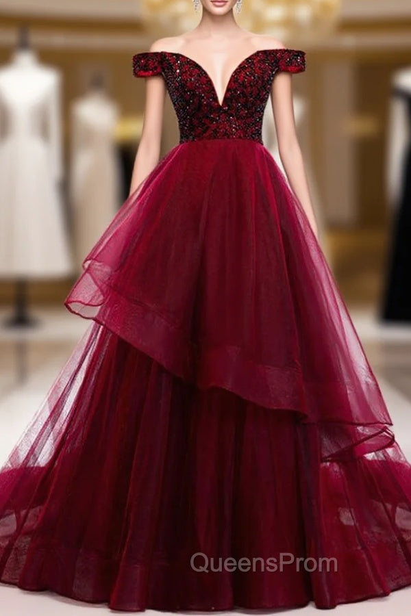 Dark Burgundy Tulle Off the Shoulder Beading Evening Prom Dress Main image