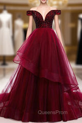 Dark Burgundy Tulle Off the Shoulder Beading Evening Prom Dress