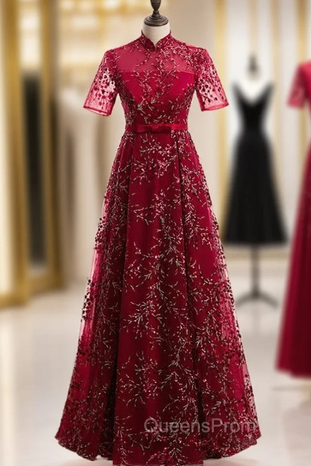 Dark Burgundy Tulle Sequins High Neck Short Sleeve Evening Prom Dress Main image