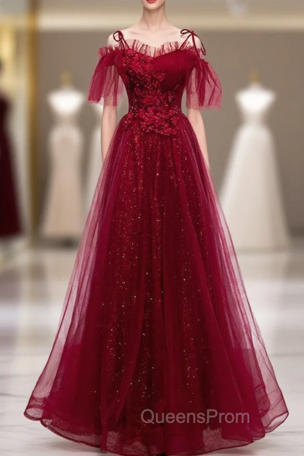 Dark Burgundy Tulle Spaghetti Straps Appliques Beading Evening Prom Dress Main image