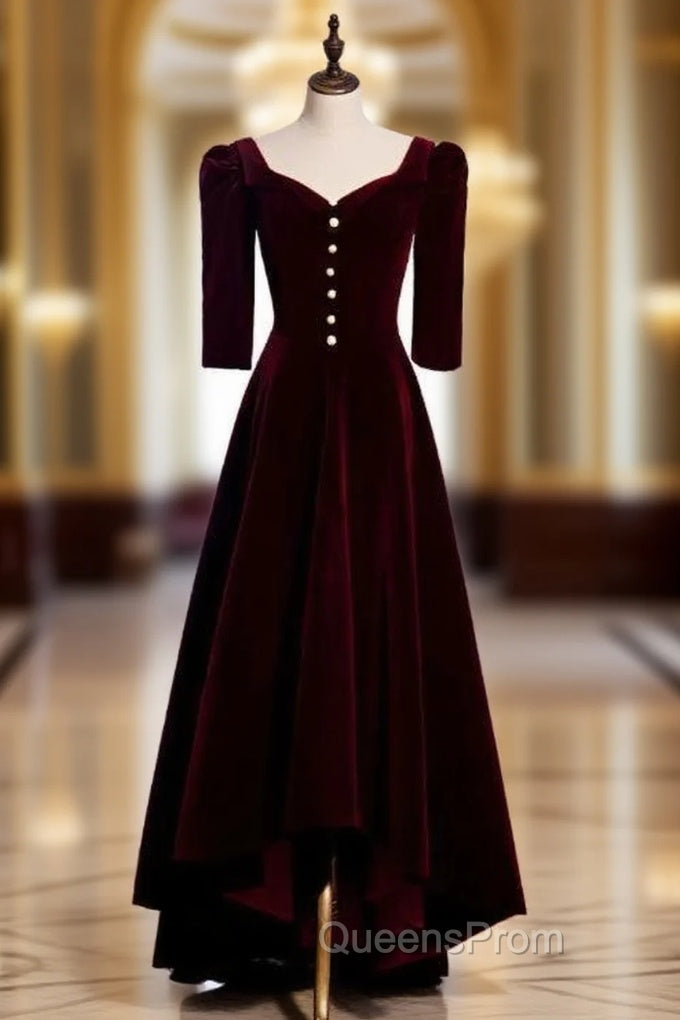 Dark Burgundy Velvet  Short Sleeve Evening Prom Dress