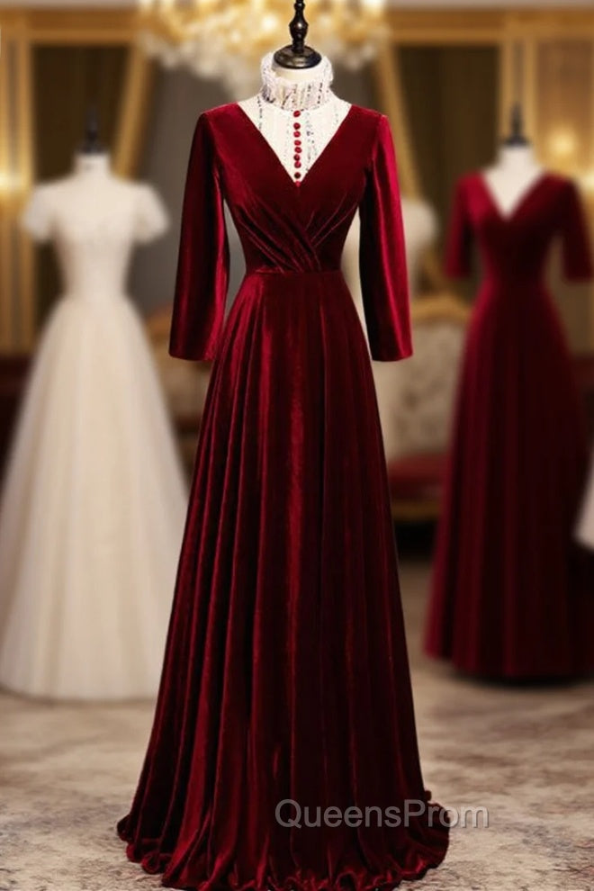 Dark Burgundy Velvet High Neck Long Sleeve Evening Prom Dress Main image