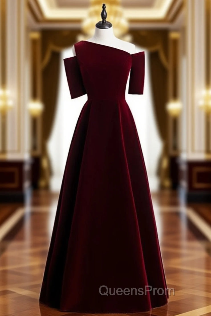 Dark Burgundy Velvet Irregular Neck Short Sleeve Evening Prom Dress