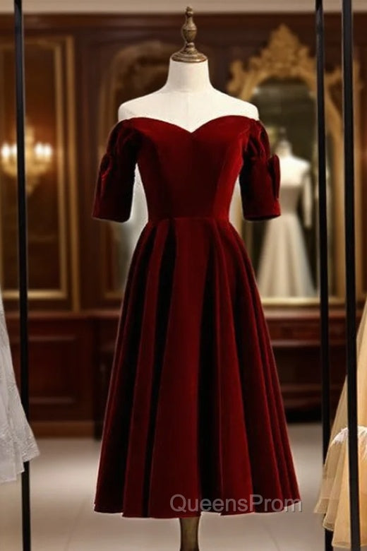 Dark Burgundy Velvet Off the Shoulder Short Sleeve Evening Prom Dress Main image