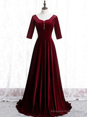 Dark Burgundy Velvet Short Sleeve Prom Dress With Pearls