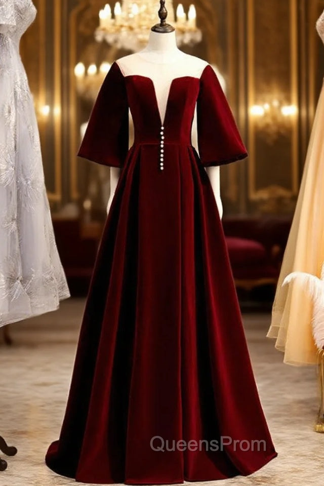 Dark Burgundy Velvet Short Sleeve See Through V-neck Evening Prom Dress Main image