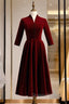 Dark Burgundy Velvet Short Sleeve Short Evening Prom Dress With Bow
