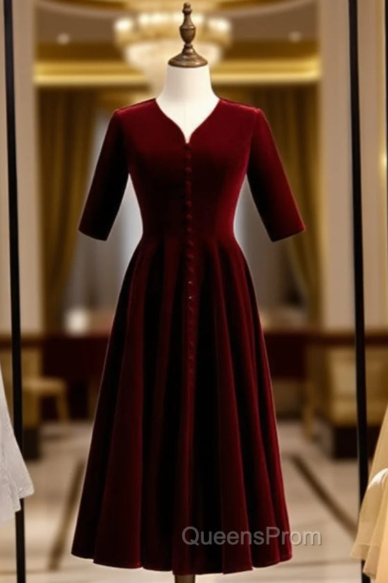 Dark Burgundy Velvet Short Sleeve Short Evening Prom Dress