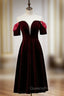 Dark Burgundy Velvet Short Sleeve Tea Length Evening Prom Dress