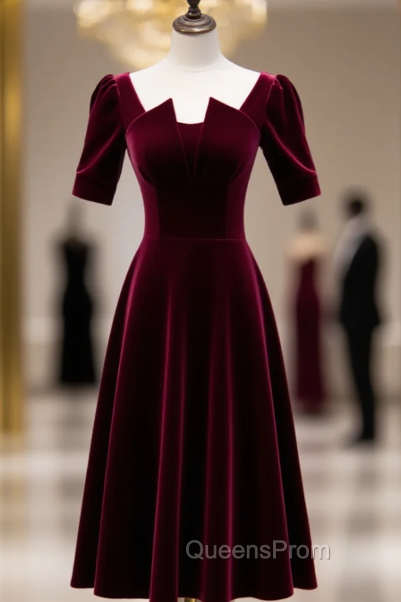 Dark Burgundy Velvet Square Short Sleeve Short Evening Prom Dress Main image