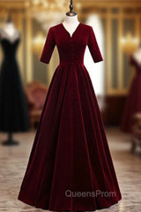 Dark Burgundy Velvet V-neck Short Sleeve Evening Prom Dress