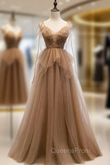 Dark Champagne Tulle Spagehtti Straps Beading Evening Prom Dress