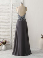 Dark Gray Sequin Beads Long Prom Dress Backless Evening Dress