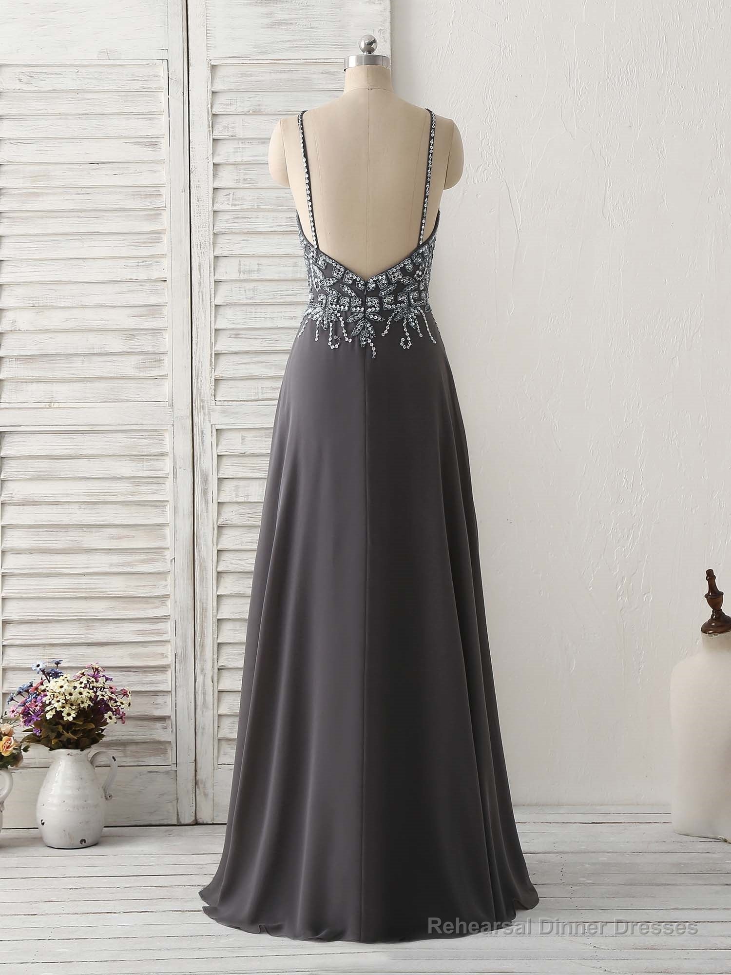 Dark Gray Sequin Beads Long Prom Dress Backless Evening Dress