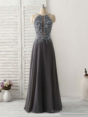 Dark Gray Sequin Beads Long Prom Dress Backless Evening Dress