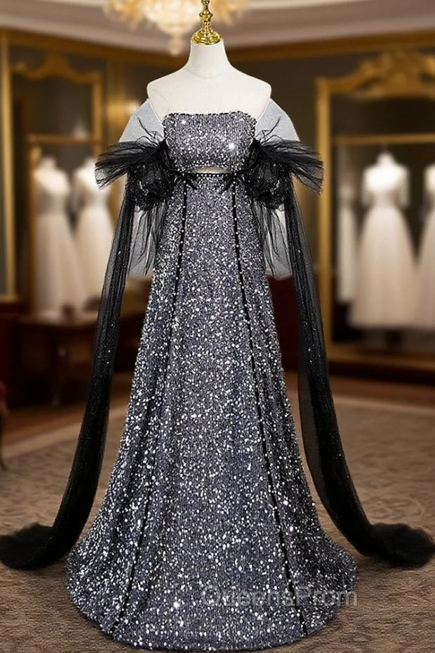 Dark Gray Sequins Strapless Evening Prom Dress Main image
