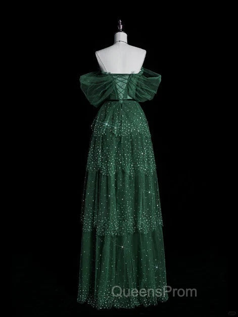 Dark Green A Line Off-the-shoulder Layered Shiny Tulle Evening Prom Dress