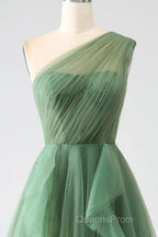 Dark Green A-Line One-Shoulder Sequins Tulle Long Evening Prom Dress
