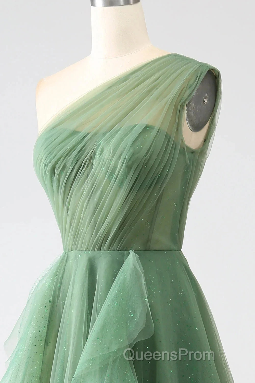 Dark Green A-Line One-Shoulder Sequins Tulle Long Evening Prom Dress