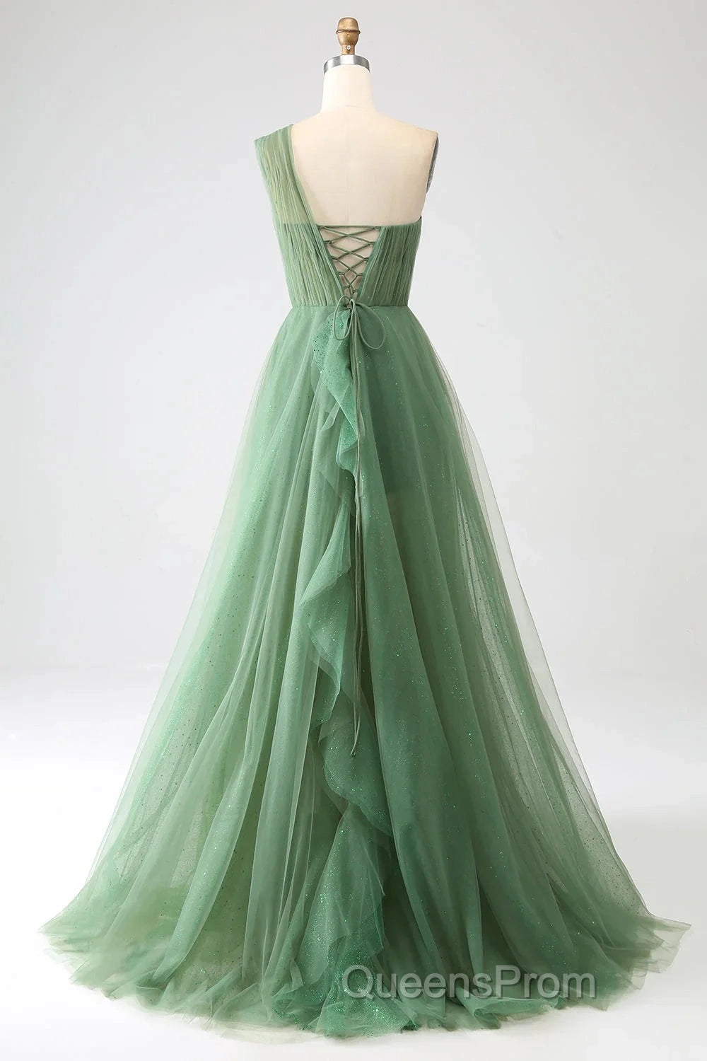 Dark Green A-Line One-Shoulder Sequins Tulle Long Evening Prom Dress
