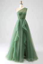Dark Green A-Line One-Shoulder Sequins Tulle Long Evening Prom Dress