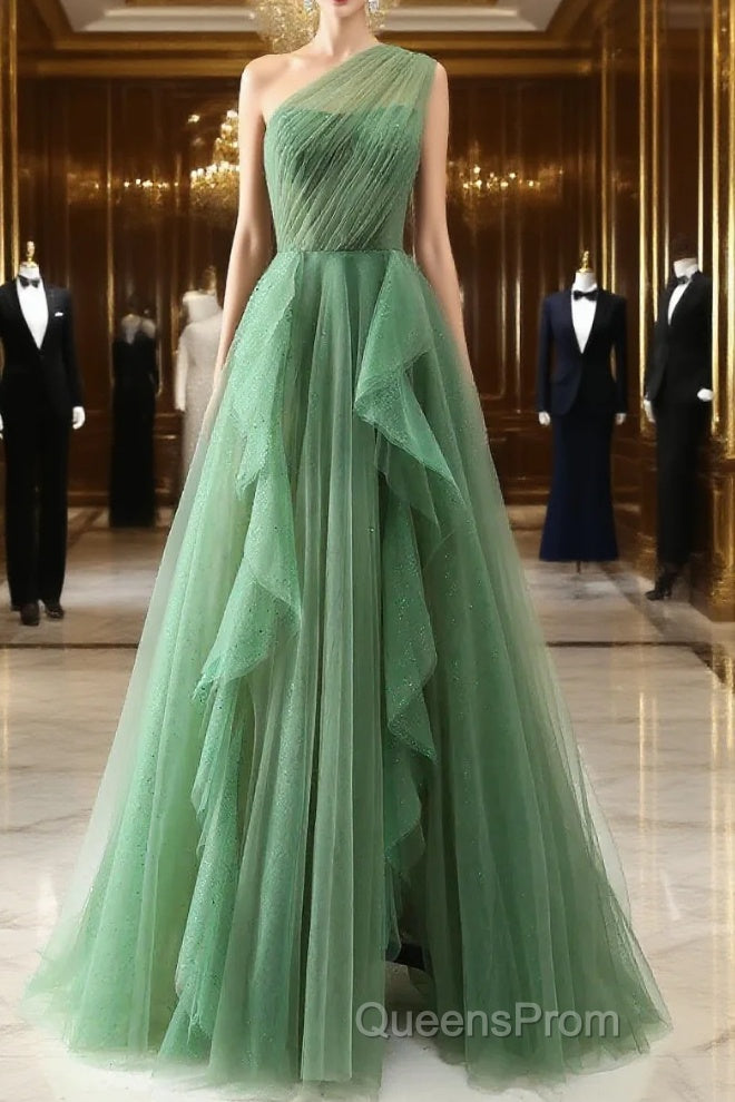 Dark Green A-Line One-Shoulder Sequins Tulle Long Evening Prom Dress Main image