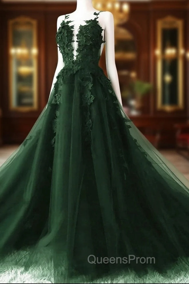 Dark Green A-Line Open Back Tulle Lace Floral Evening Dress, Green Long Evening Prom Dress Main image